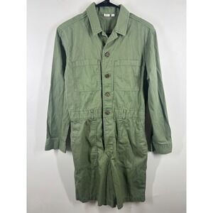 Gap‎ Womens Utility Romper Olive Green Long Sleeve Button Front Cotton Twill XS